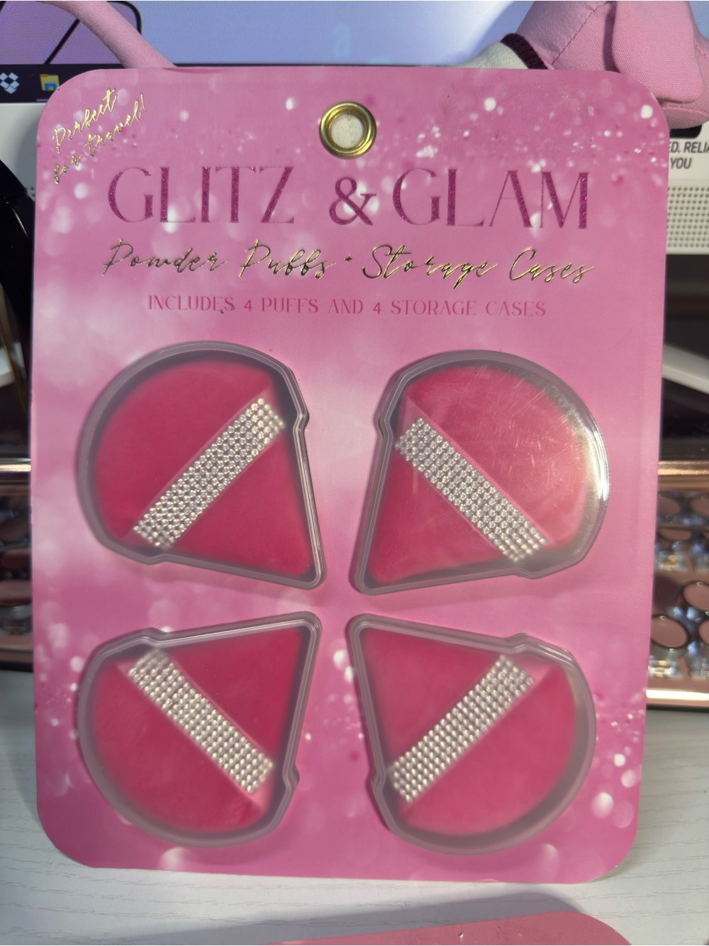 Hoy pink glitz and glam powder puffs with rhinestones & storage cases NWT